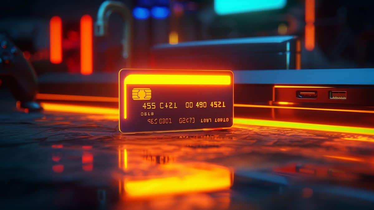 Carta di credito con icona di transazione senza interruzioni, illuminata davanti a una console di gioco.