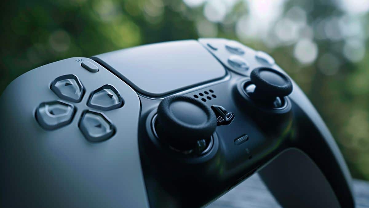 Closeup of DualSense controller's adaptive triggers in action with intense gameplay.