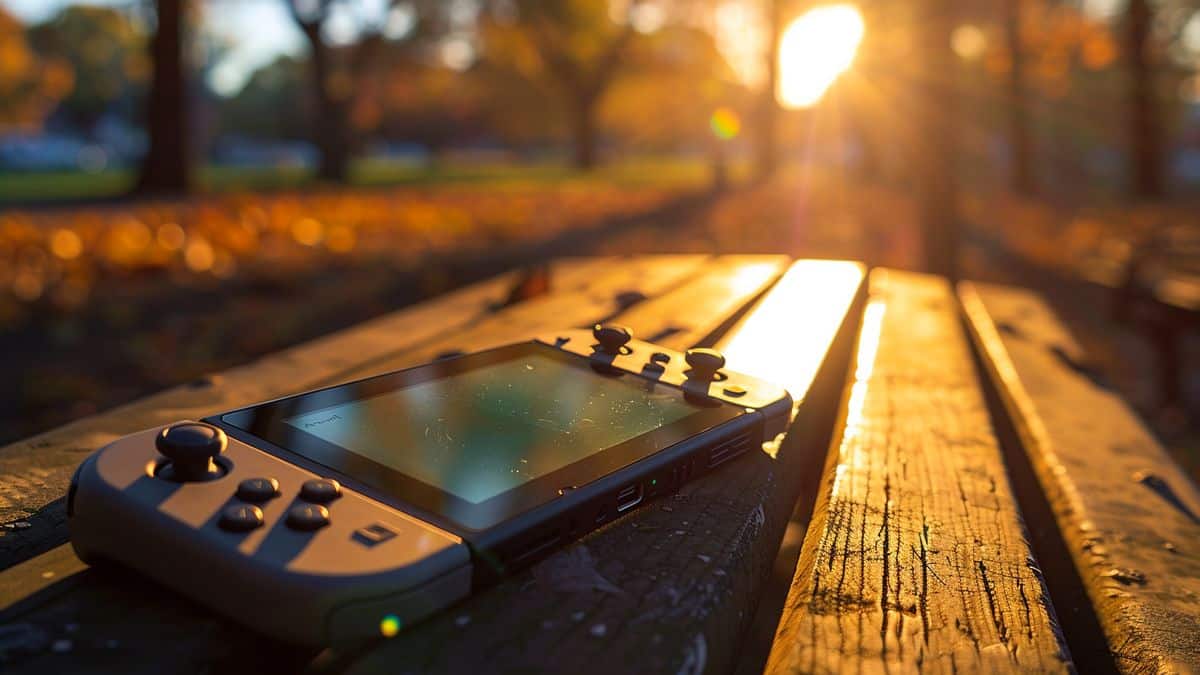 Hori Switch Split Pad Pro su una panchina del parco con la luce del sole.