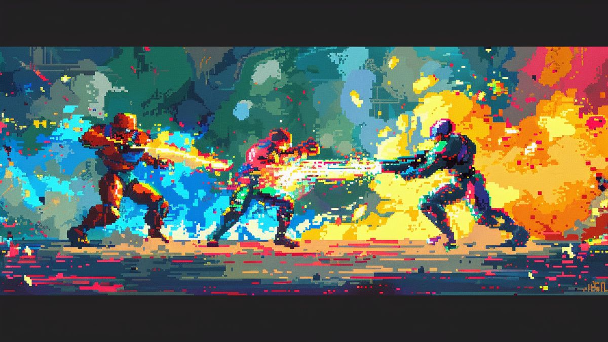 Pixel art fighters clashing in a dynamic, colorful arena with explosive effects.