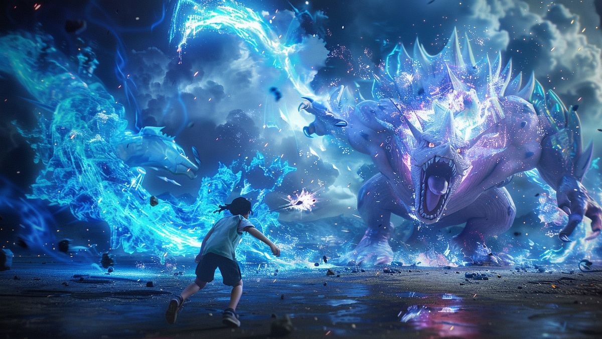 Trainers battling a Legendary Pokémon in an intense raid.