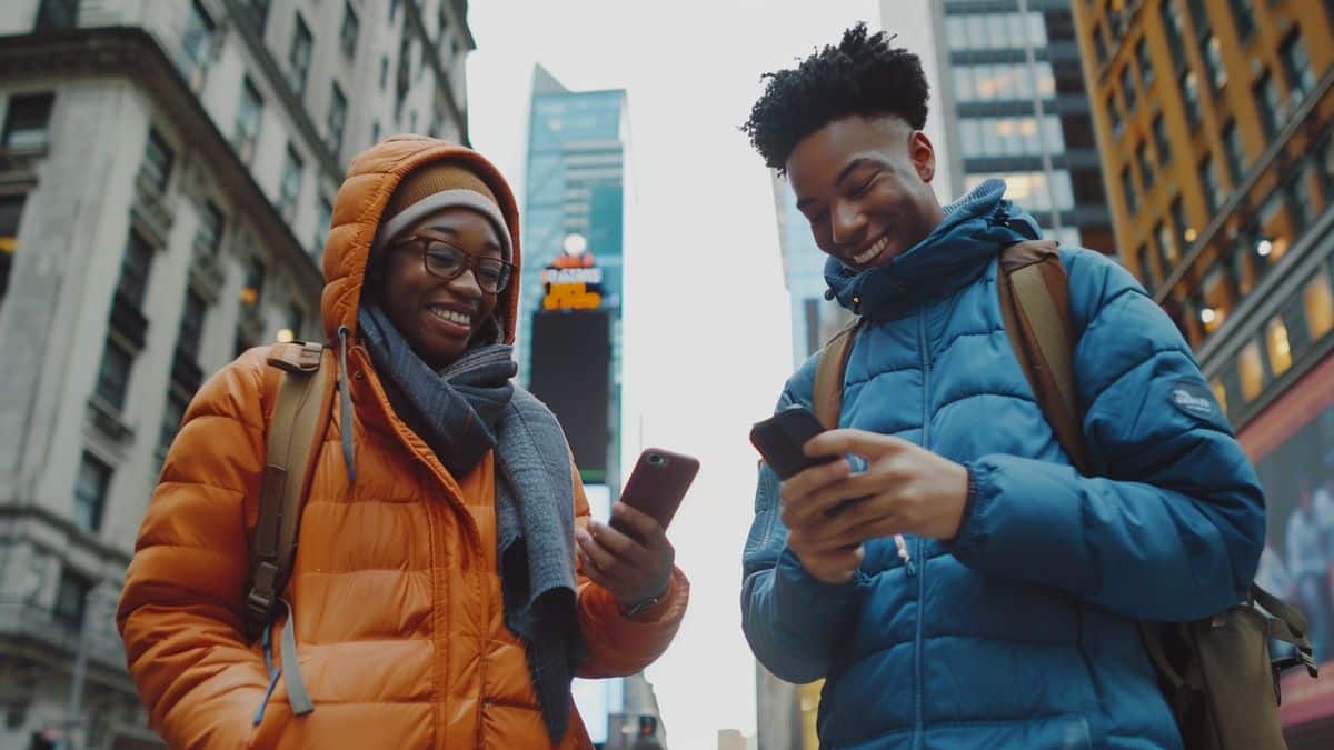 Happy trainers exploring New York landmarks, phones in hand.