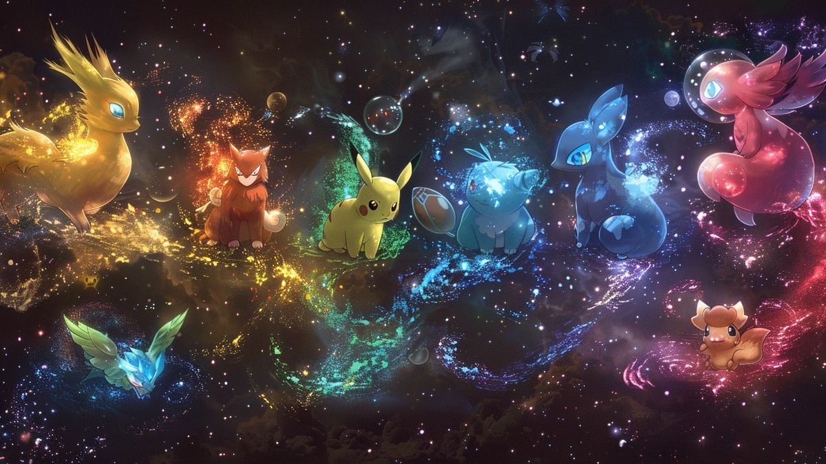 Sparkling stardust surrounding different Pokémon species.