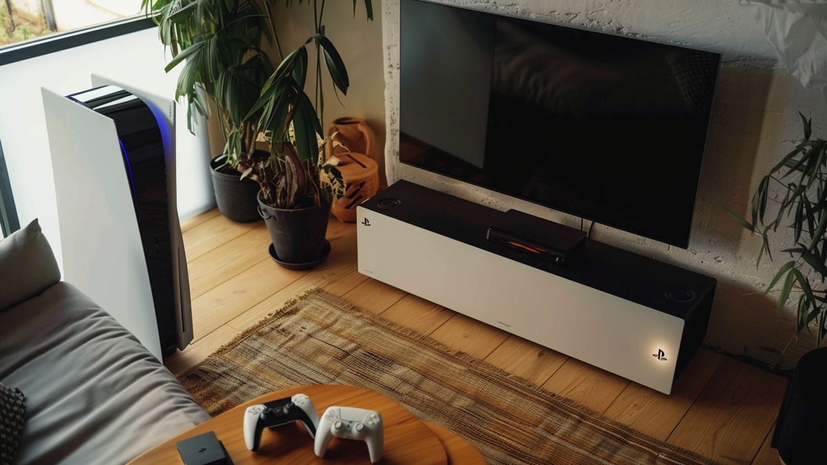 Topdown view of a sleek PSsetup in a modern living room.