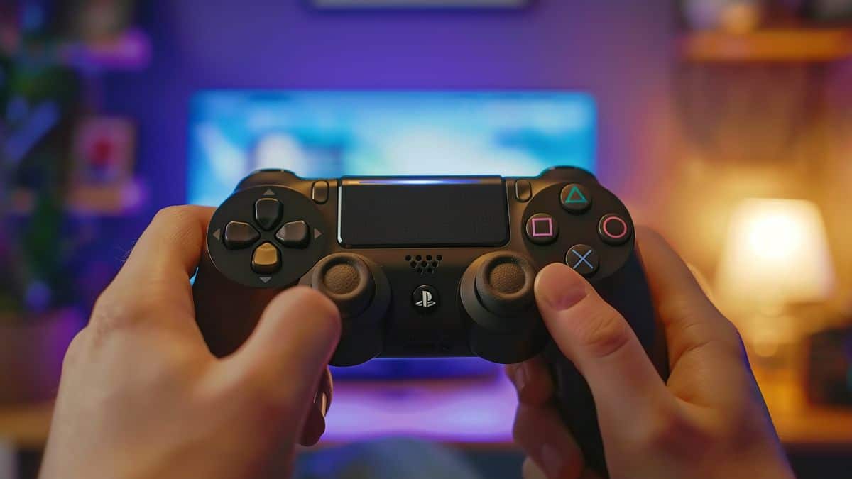 **Closeup of hand holding PlayStation controller, screen showing rewards.**