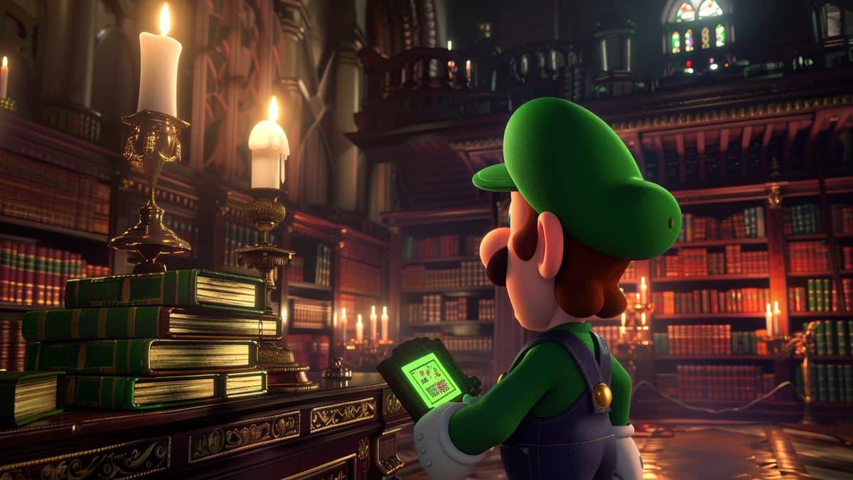 Luigi risolve un enigma in una misteriosa biblioteca illuminata da candele.