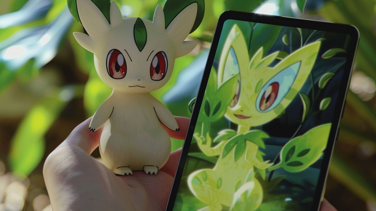 Closeup of a trainer’s hand holding a smartphone with Celebi on screen.