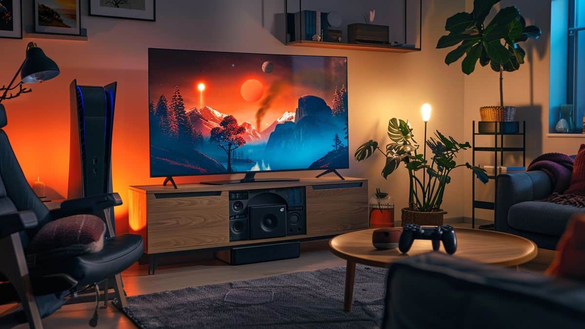 Cozy gaming setup with PSand accessibility settings highlighted on TV.