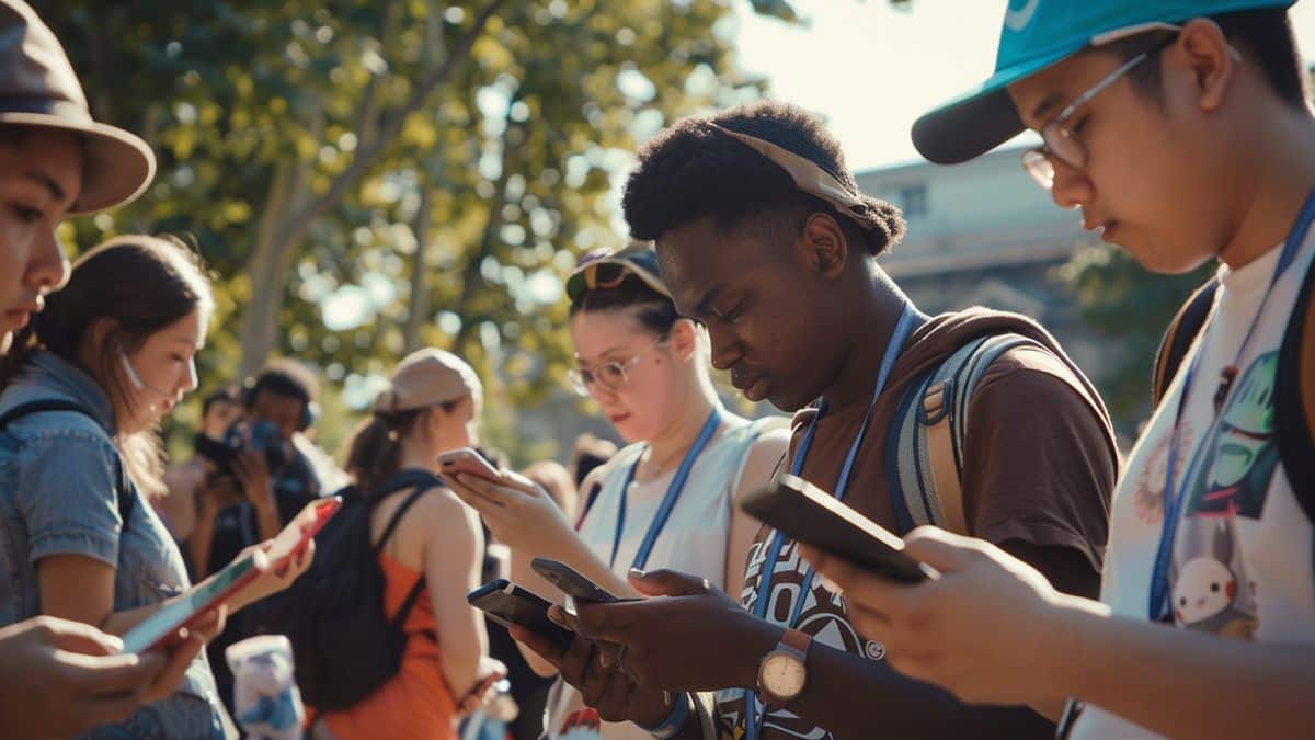 Group of people excitedly looking at their phones, Pokémon Go Fest Global decorations.