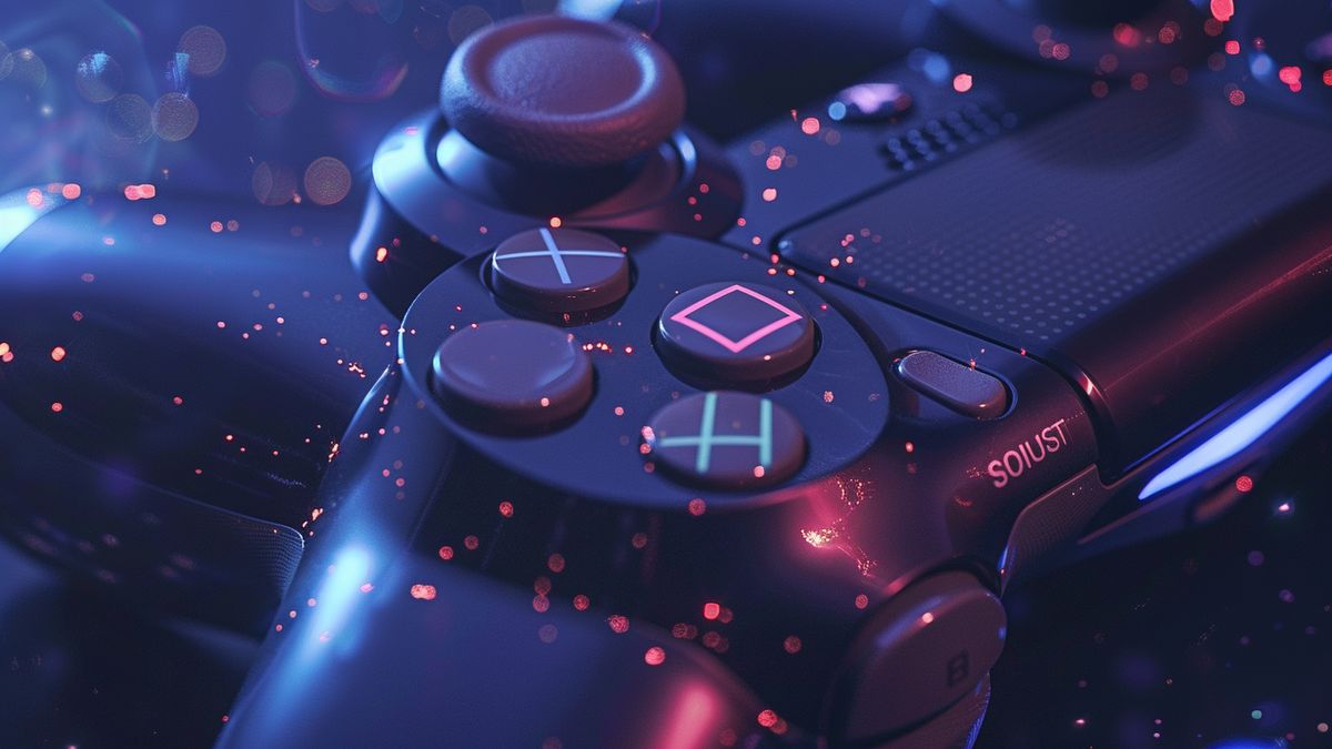 Primer plano del controlador de PlayStation con estrellas y puntos superpuestos.