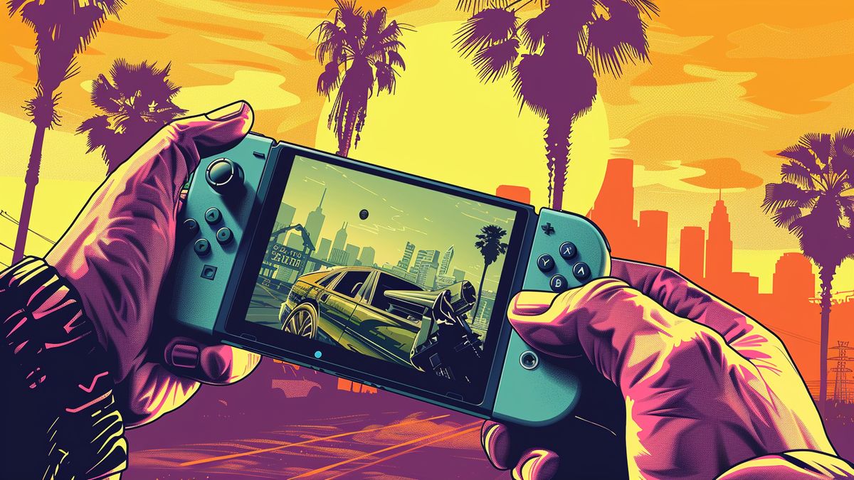 Mano sosteniendo Nintendo Switch con la portada de GTA Trilogy de fondo.