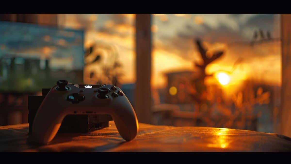 Sunset through window, Xbox console lights blinking in the background.