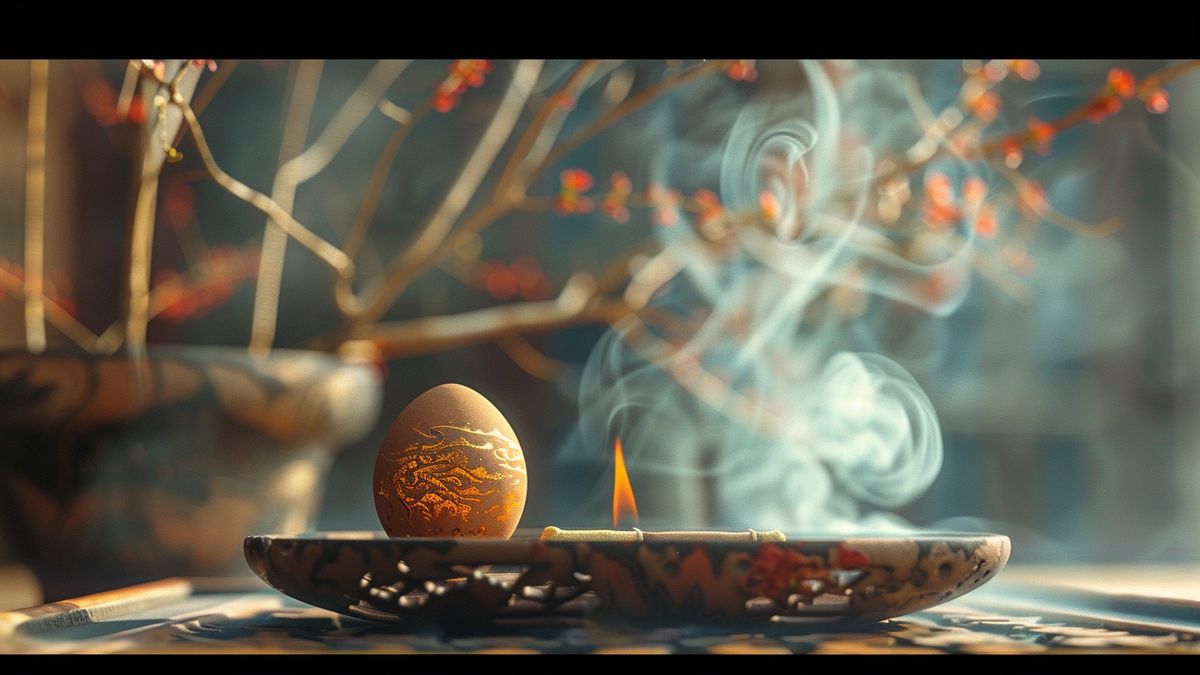 Incense stick burning next to a Lucky Egg on a table.