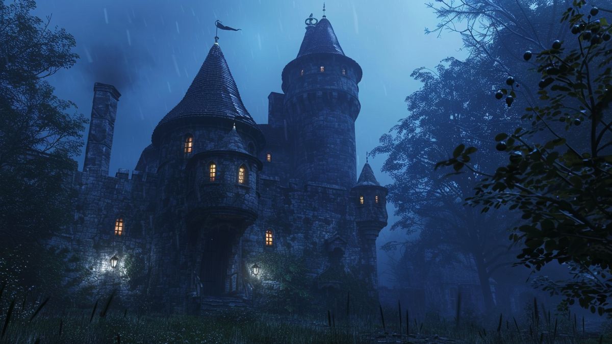 Enchanted castle with glowing runes at twilight.