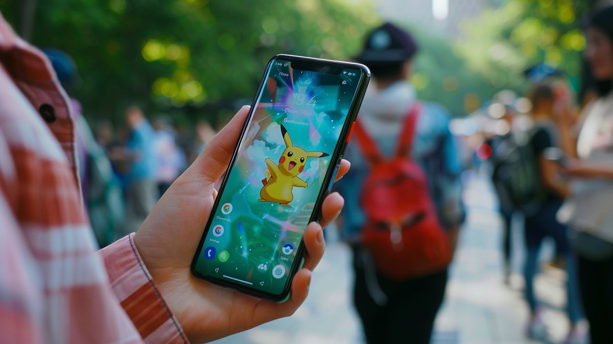 Manos sosteniendo un teléfono inteligente que muestra las recompensas digitales del Pokémon GO Fest.