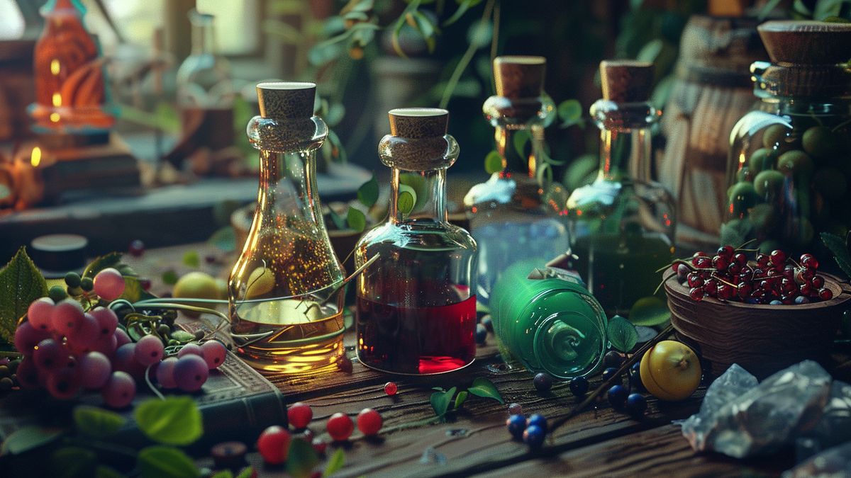 Abundant potions and berries displayed on a wooden table.