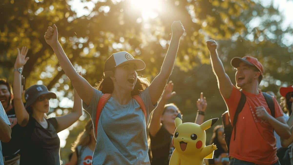 Gruppo di giocatori di Pokémon Go che celebrano con entusiasmo l'evento Go Fest.