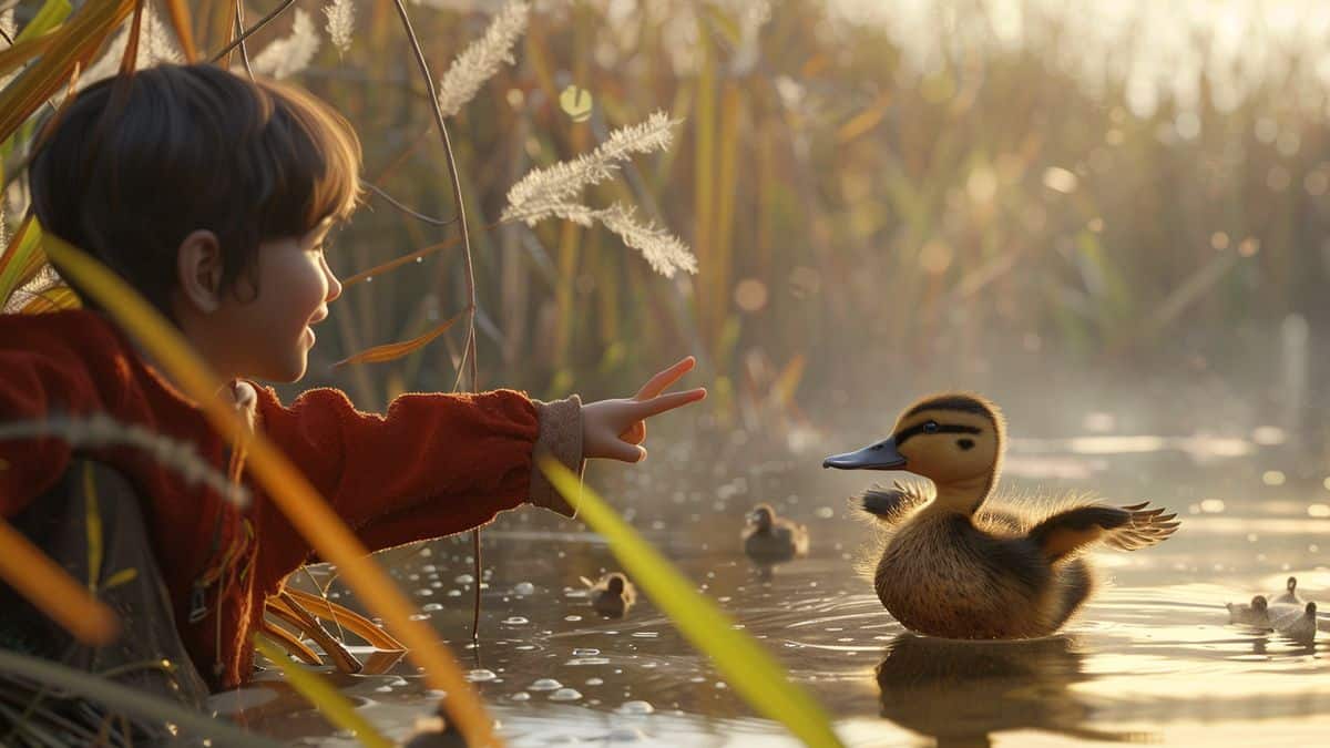 Child pointing excitedly at a Ducklett wading through tall reeds.