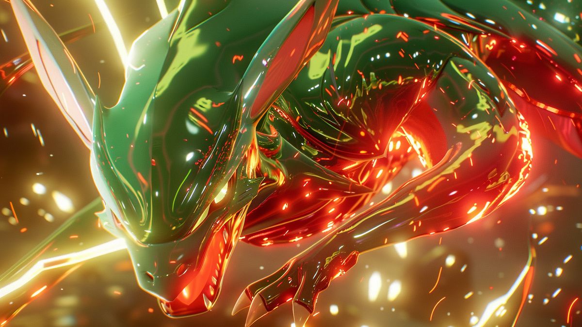 Closeup of Mega Rayquaza's vibrant, swirling energy during elite raid.