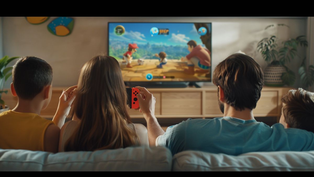 Fjölskylda safnaðist saman í kringum sjónvarp og naut leiks á Nintendo Switch.