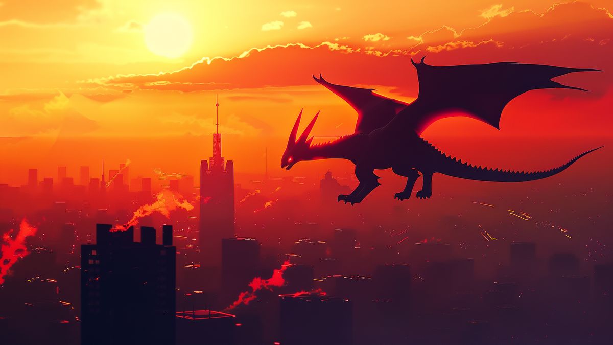 Silhouette of Rayquaza flying over a sunsetlit cityscape