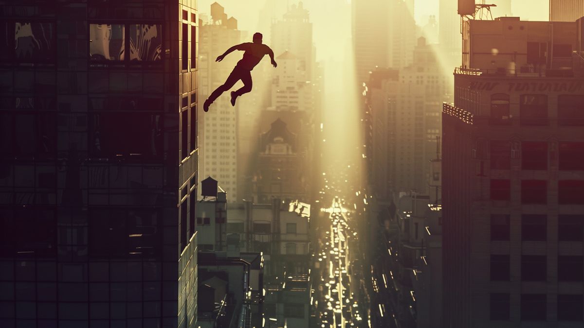 도시 풍경에서 한 그림자에서 다른 그림자로 점프하는 그림자 모습.