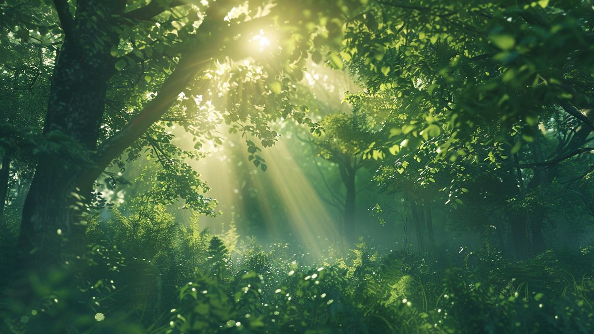 Forest whispering softly, sunlight filtering through leafy canopies, creating a magical, serene atmosphere.