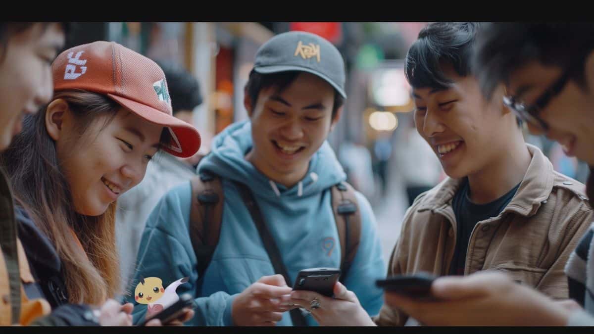 Group of friends trading Pokémon, smiles and excitement all around.