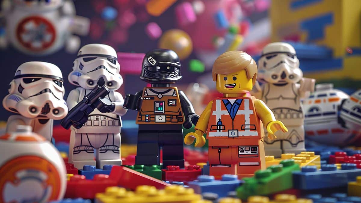 LEGO Star Wars persónur setja saman geimskip með litríkum kubbum, umkringdar fjörugum ringulreið og hlátri.