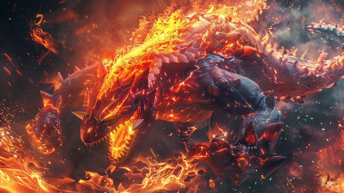 Primal Groudon surrounded by intense flames, ready to battle.