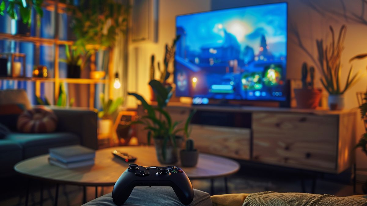 Amazon Fire TV streymir Xbox leikjum í notalegri stofu.