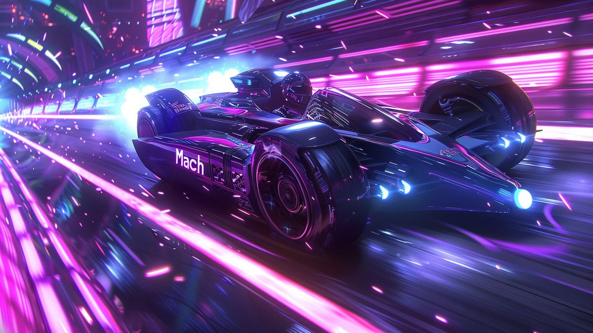 Futuristic racer speeding through a neonlit landscape in