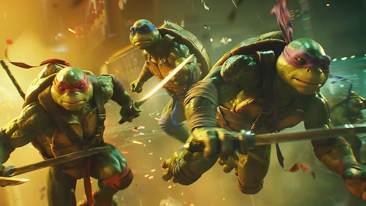 Equipo de tortugas ninja en acción, escenario vibrante y enérgico.