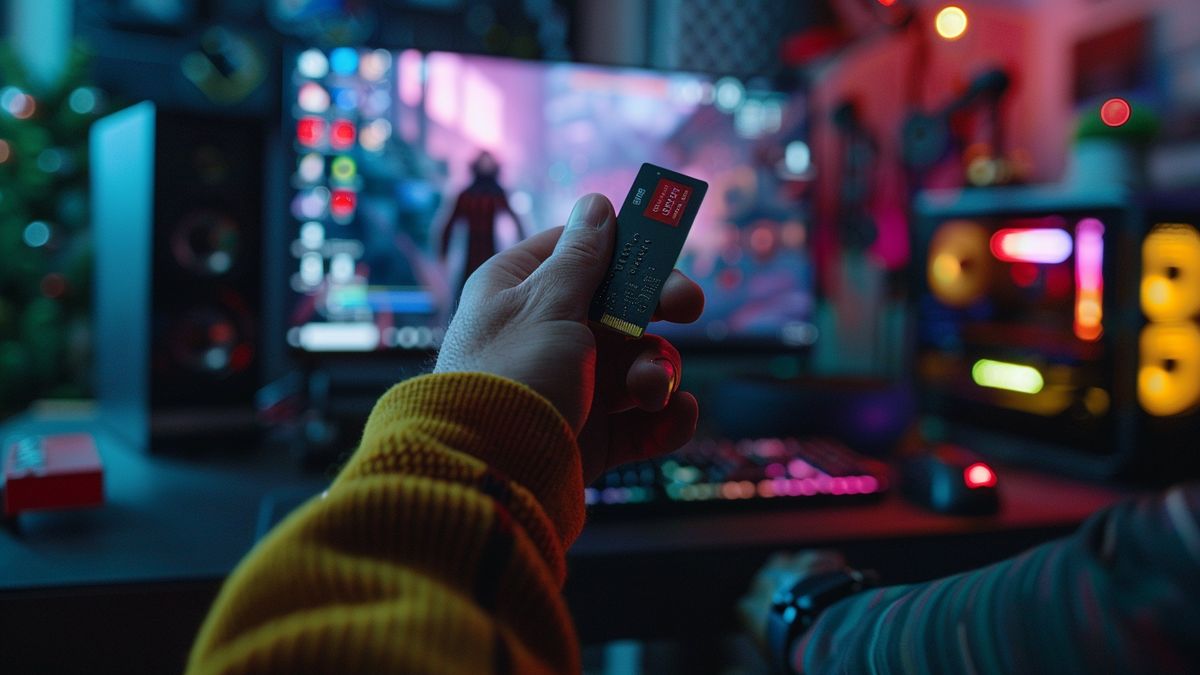Hand holding SanDisk B card over a gaming setup.