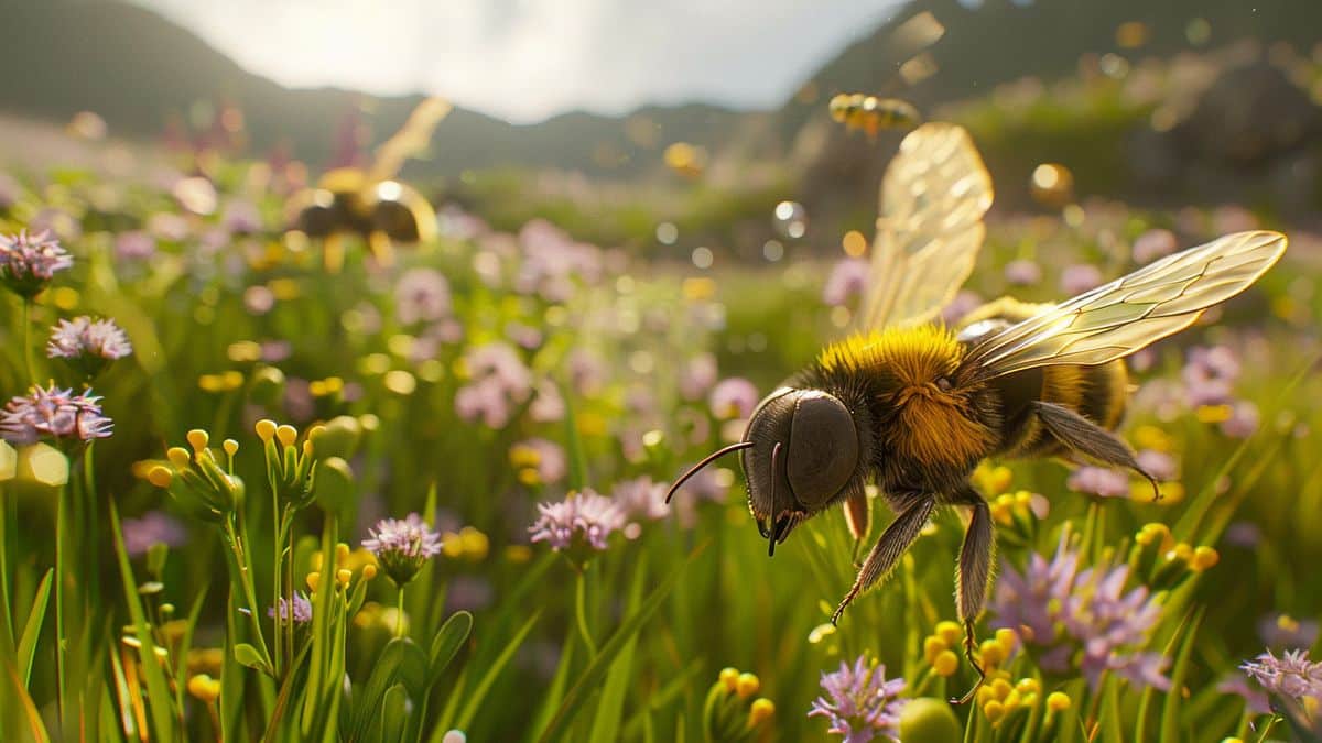 Nærmynd af Combee á gróskumiklum engi, Vespiquen á sveimi í nágrenninu.