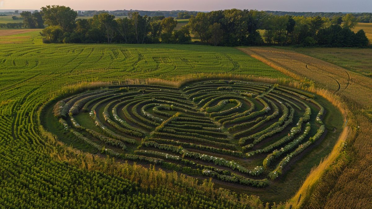 Laberinto en forma de corazón con centro claro, mapa superpuesto de Pokémon GO, condado de Dunn, Wisconsin.