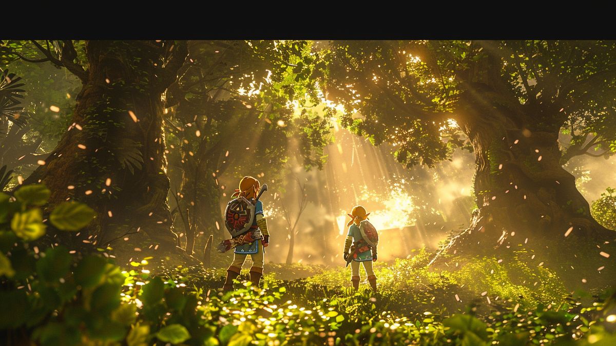 Zelda y Link exploran un bosque místico, rayos de luz filtrándose a través de los árboles.