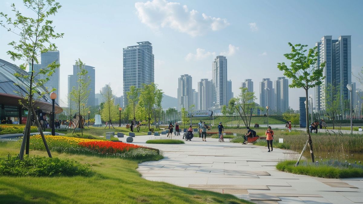 Veduta del Songdo Central Park con persone in possesso di biglietti per eventi.