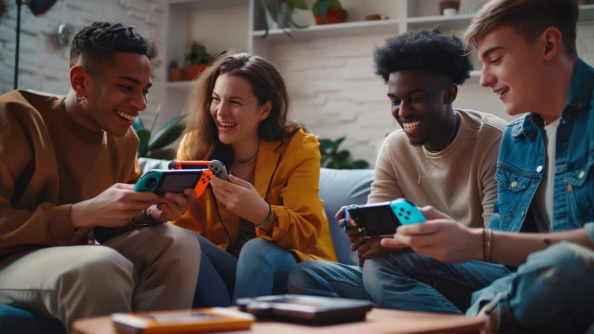 Group of friends excitedly discussing new Nintendo Switch games.