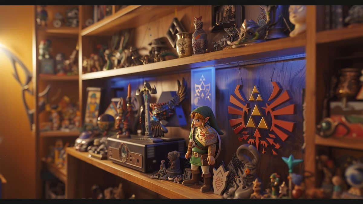 Shelf displaying various Zelda memorabilia around the console.