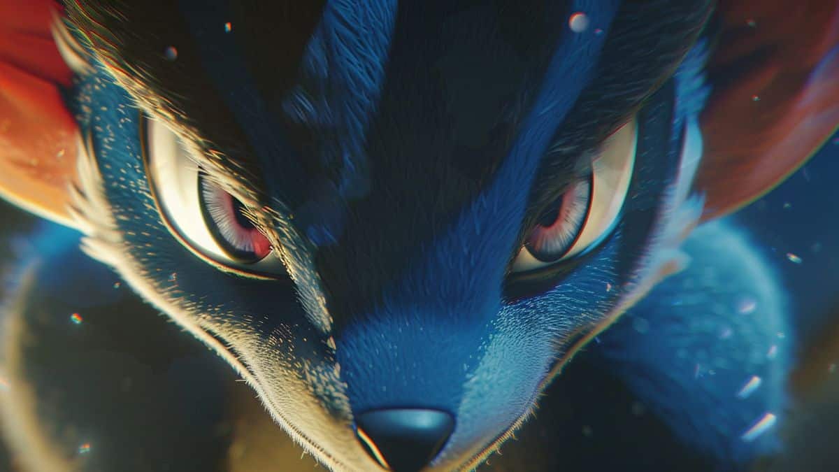 Primer plano de los ojos intensos y la expresión feroz de Mega Lucario.