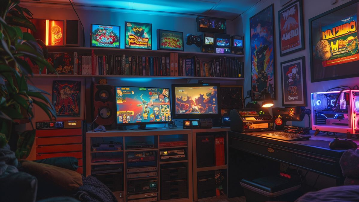 Retro gaming corner featuring Xbox and various classic game titles.