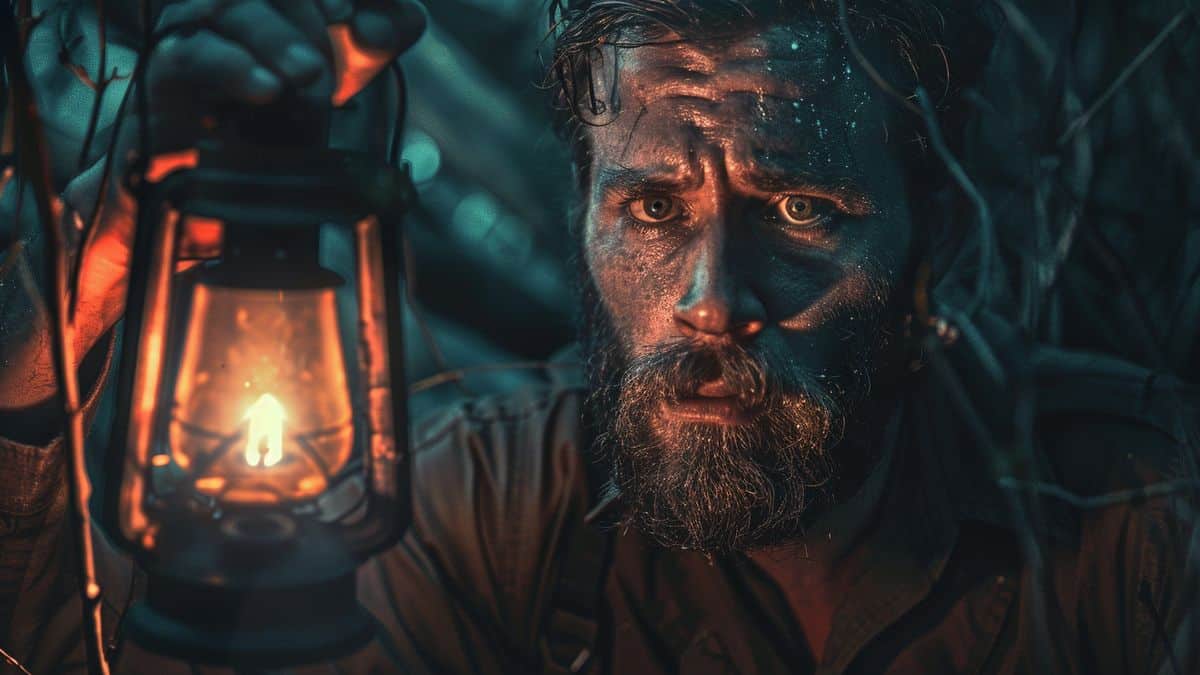 Closeup of a hunter's tense expression, holding a lantern in the dark woods.