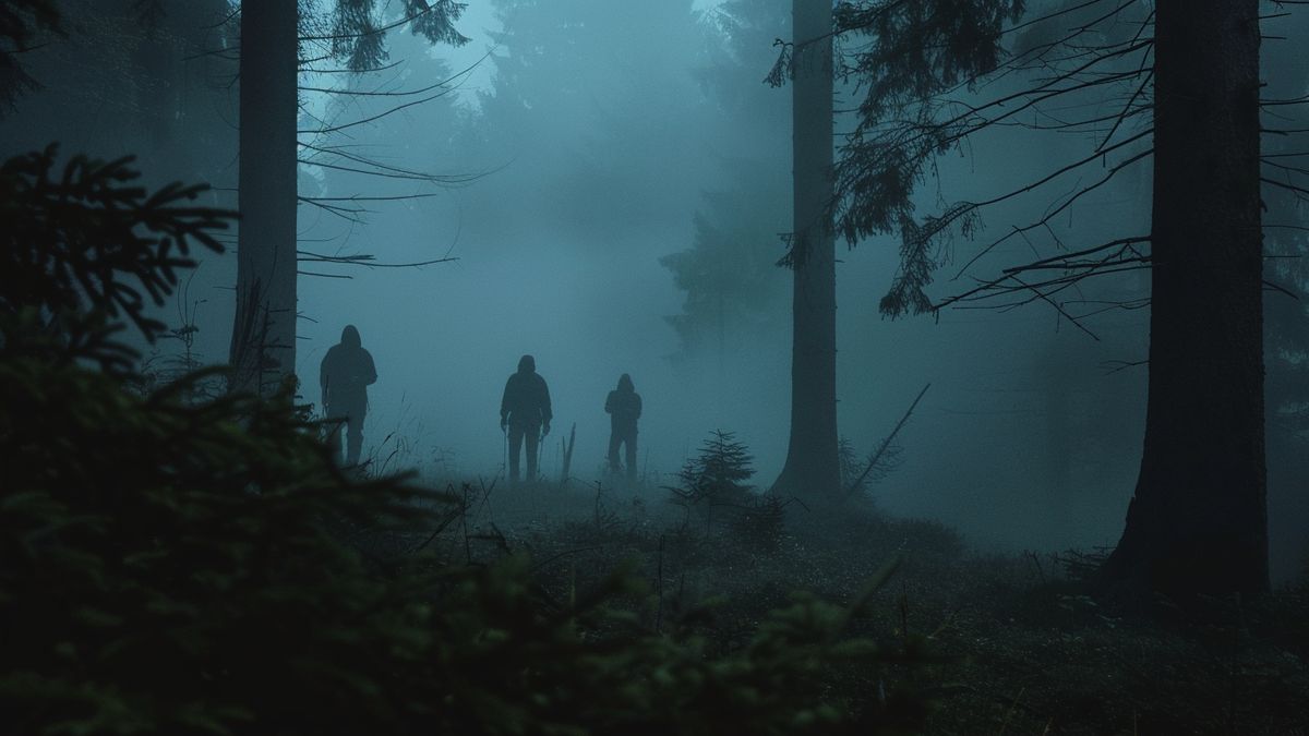 Dark forest with eerie fog and hunters cautiously moving.