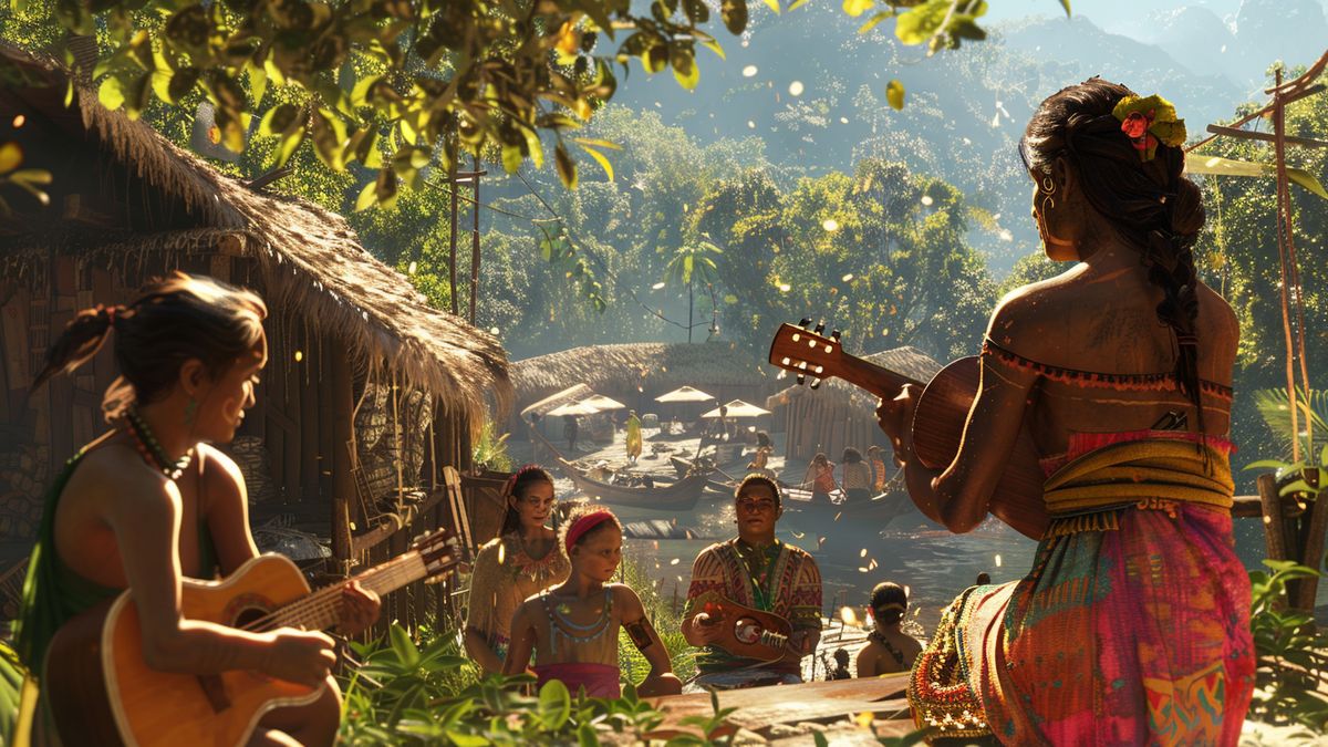 Character teaching NPCs a song on the ukulele in a village setting.