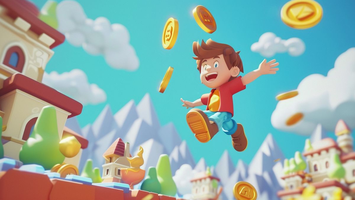 Joyful character jumping across platforms, collecting coins and powerups in a bright environment.