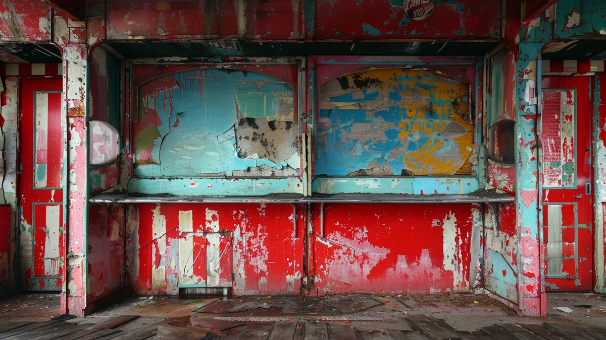 Dilapidated carnival booth with faded, peeling paint.