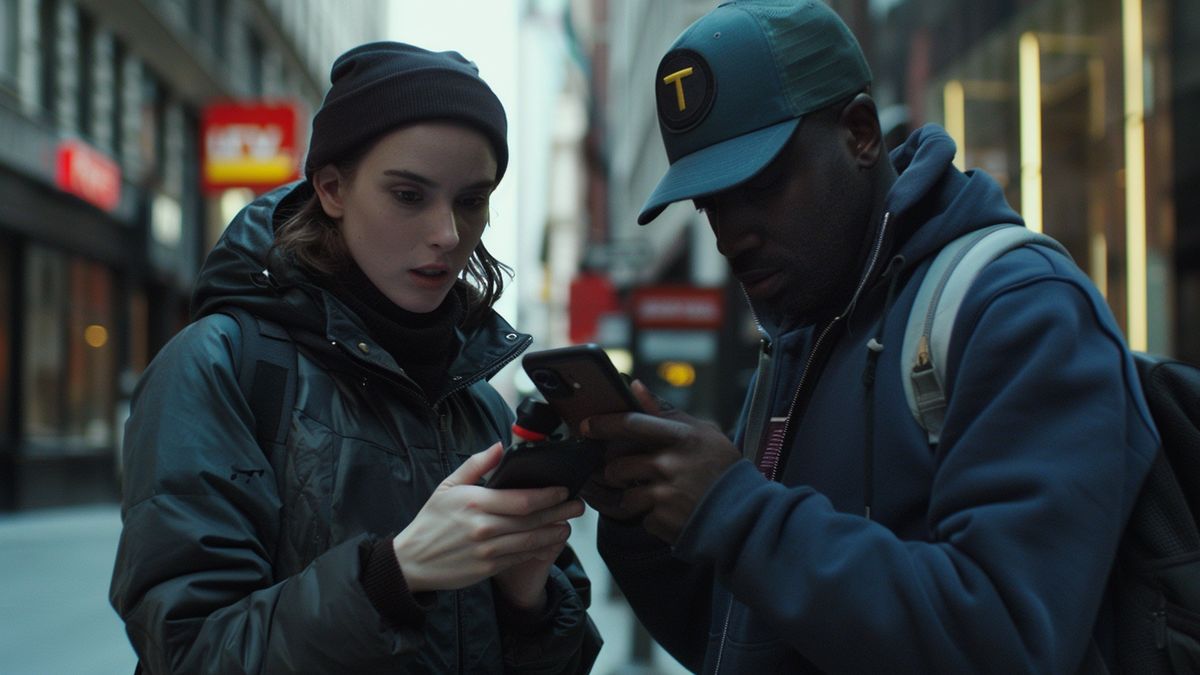 Rachel Brosnahan and security guard engrossed in Pokémon Go during filming break.