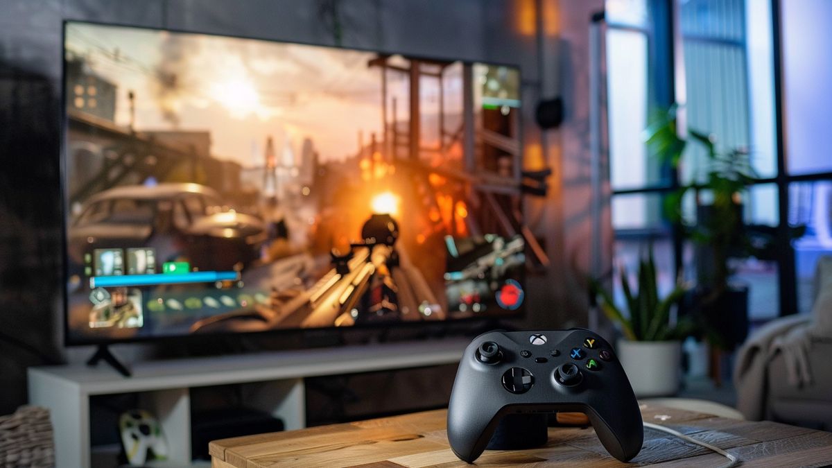 Xbox コンソール、Call of Duty ゲームプレイを表示する大型テレビを備えたリビング ルームのセットアップ。