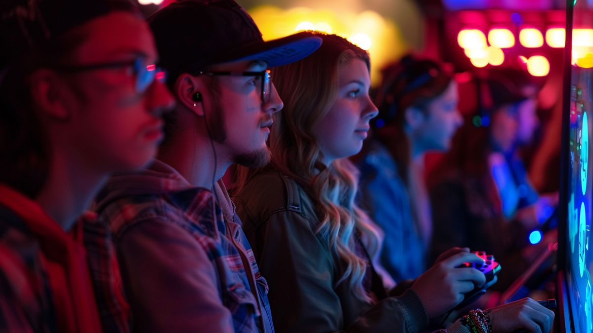 Gamers gathered around a setup with JoyCon Charging Stand prominently displayed.